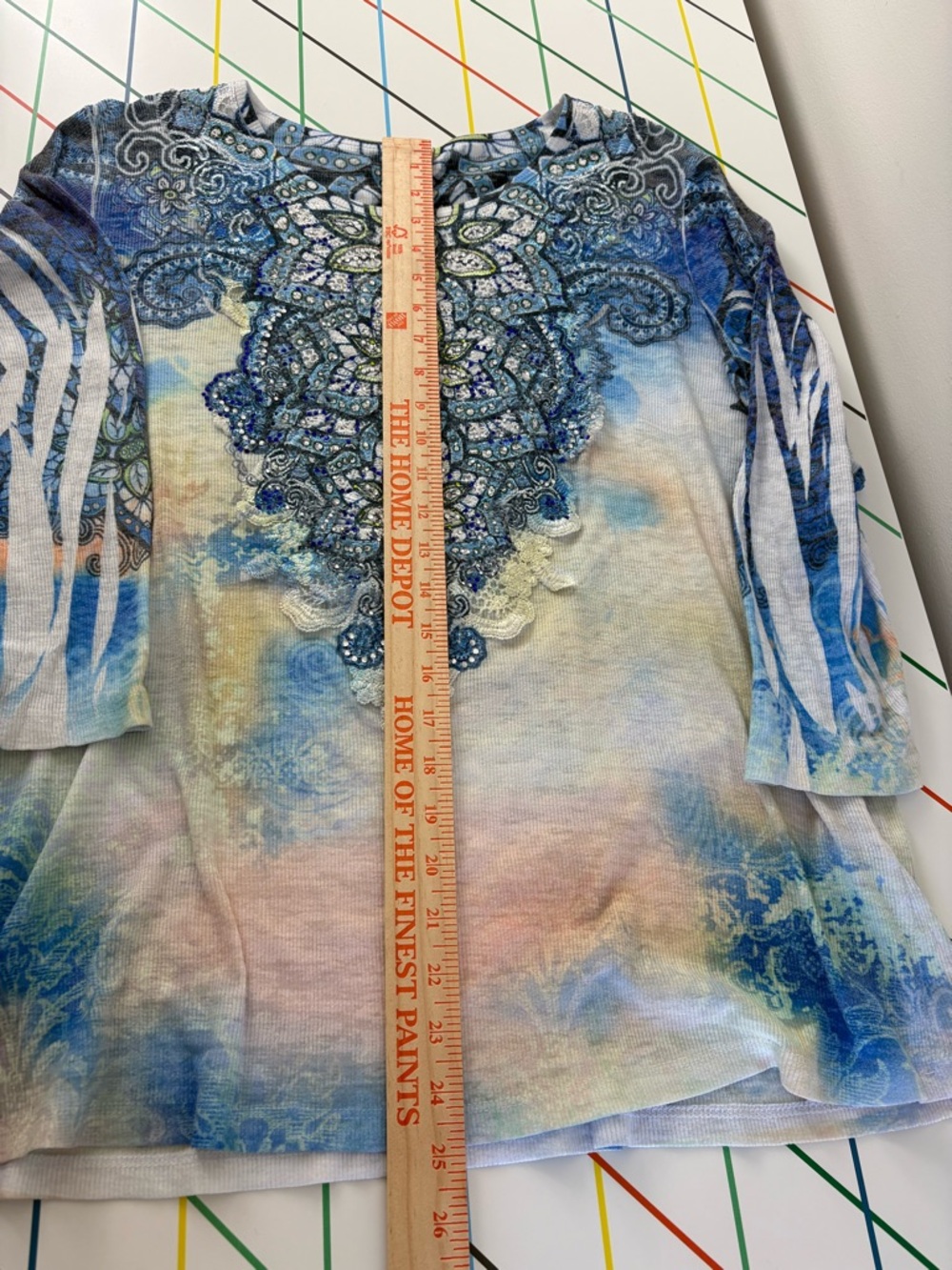 Vintage Reba 3X Boho Pattern Long Sleeve Top rhinestones lace tie dye distressed - Picture 7 of 10